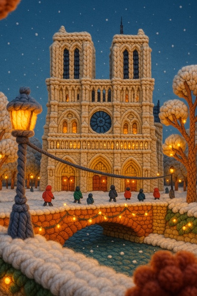 Notre-Dame Cathedral Crafted from Yarn in 3D Scene