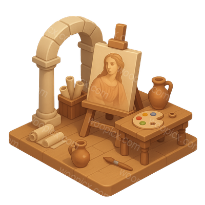 3D Isometric Renaissance Art Studio Icon with Transparent Background