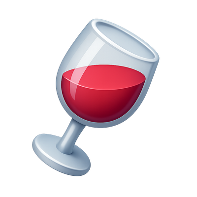 3D Wine Glass Icon with Red Wine in a Tilted Position