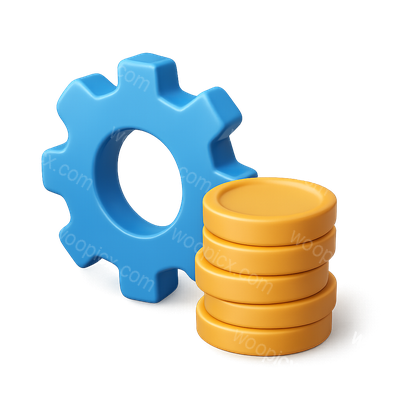 3D Gear Icon Next to Stack of Coins Illustration