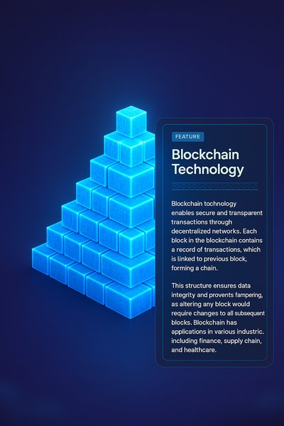 Glowing Pyramid of Blockchain Blocks with Feature Description