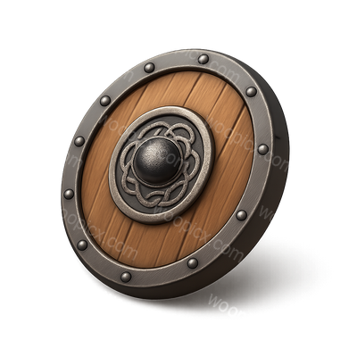 3D Shield Icon with Wooden Texture and Metal Accents