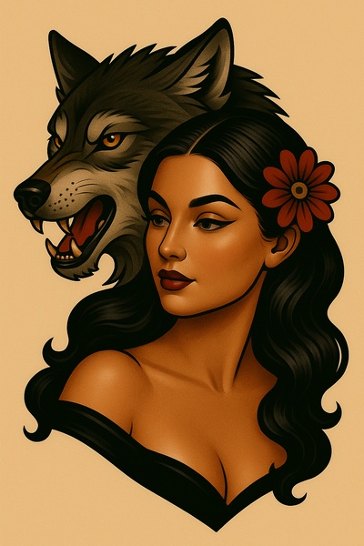 Stylized Portrait of a Woman with a Wolf in Tattoo Art Style