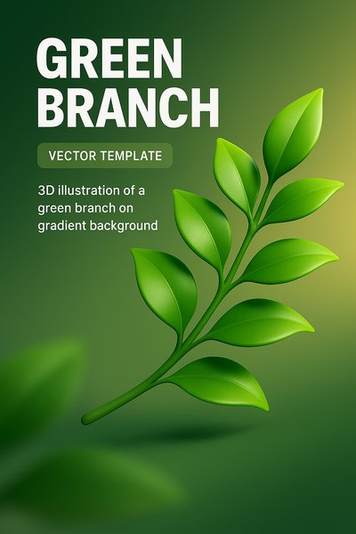 3D Illustration of a Green Branch on Gradient Background
