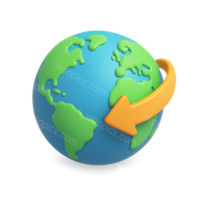 3D Globe Icon with Curved Arrow in Isometric View
