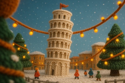 Whimsical Yarn Version of the Leaning Tower of Pisa