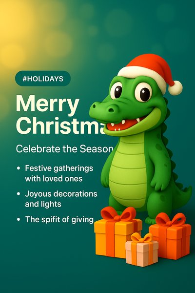 Festive Holiday Greeting Card Featuring Cartoon Alligator