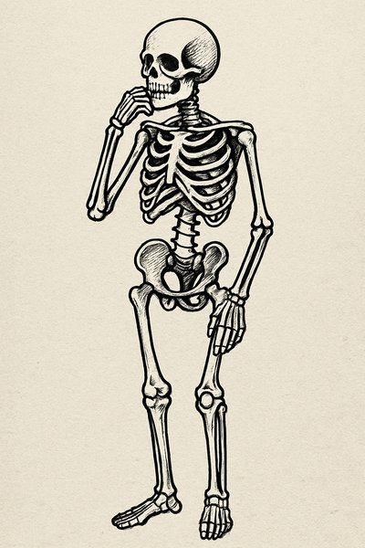 Illustration of a Thoughtful Skeleton in Vintage Style