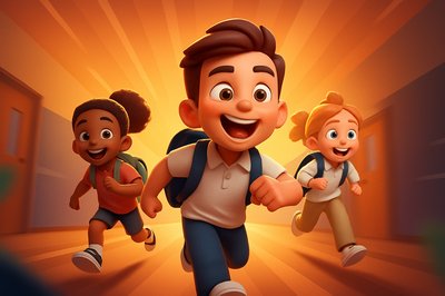 Cheerful Children Running in School Corridor