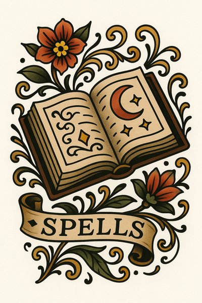 Illustrative Design of an Open Spellbook with Floral Accents