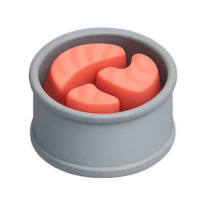 Stylized 3D Rendering of a Pet Food Bowl with Salmon Shapes