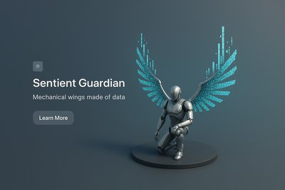 Sentient Guardian with Mechanical Data Wings in 3D Scene