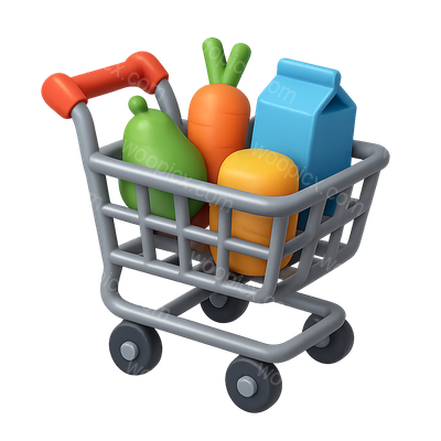 3D Shopping Cart Icon with Colorful Items