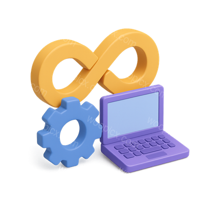 Stylized 3D DevOps Icon with Gear and Laptop
