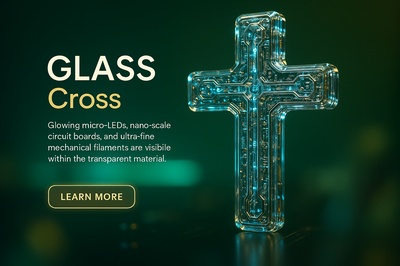 Hyperrealistic Glass Cross with Glowing Micro-LEDs and Neon Accents