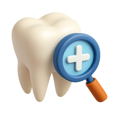 3D Tooth Icon with Magnifying Glass in Isometric View