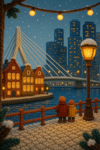 Cozy Crochet Scene of Rotterdam Waterfront at Night