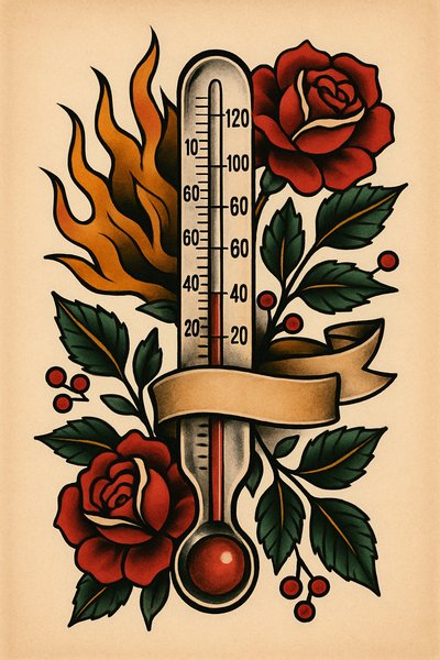 Vintage thermometer illustration with roses and flames
