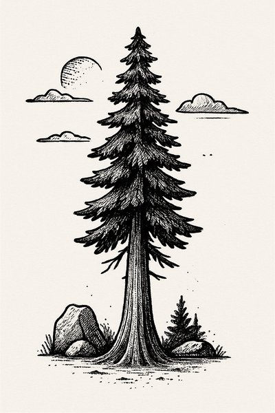 Illustration of a Tall Pine Tree with Nature Elements