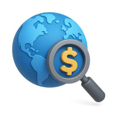 3D Globe with Magnifying Glass and Dollar Sign Icon