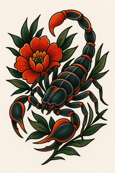 Vibrant Scorpion and Floral Tattoo Design