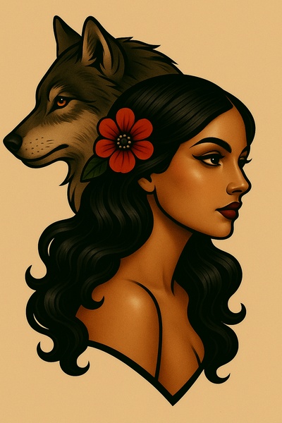 Stylized Portrait of a Woman with a Wolf Companion