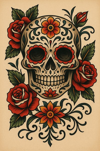 Colorful Day of the Dead Skull with Roses Artwork