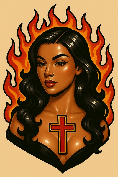 Classic Tattoo Design Featuring Cross and Flames