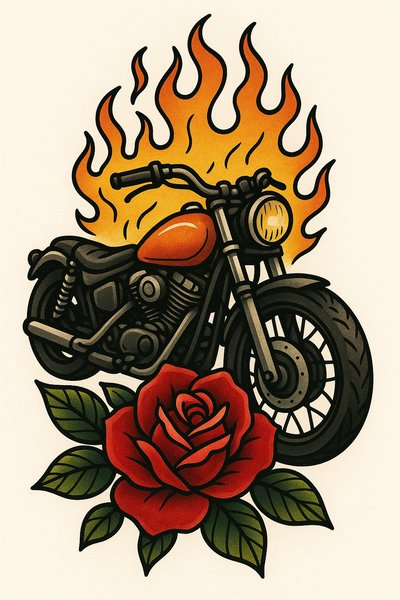 Tattoo-Style Illustration of Motorcycle with Flames and Rose
