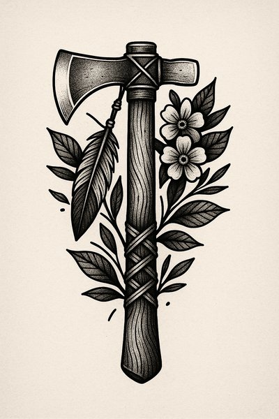 Stylized axe illustration with floral elements