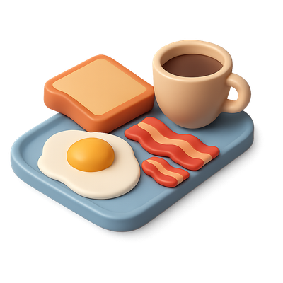 3D Breakfast Icon with Eggs, Bacon, and Coffee