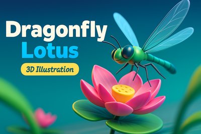 Dynamic 3D Illustration of Dragonfly and Lotus Flower