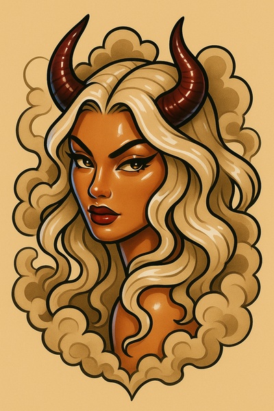 Stylized Illustration of a Horned Woman in Smoke