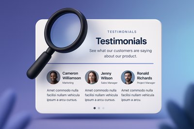 3D Illustration of Testimonial Section with Magnifying Glass