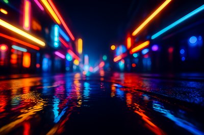 Vibrant Neon Lights Reflecting on Rainy City Street