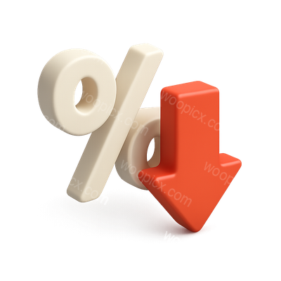 3D Decreasing Percentage Icon with Downward Arrow