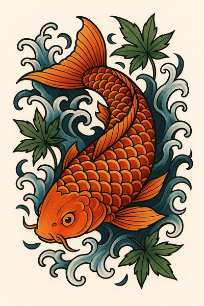 Vibrant Koi Fish Illustration with Water and Leaves