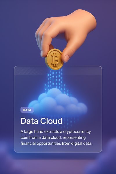 Hand Extracting Cryptocurrency Coin from Data Cloud