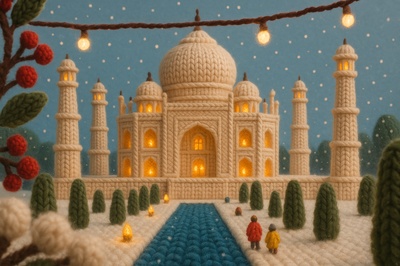 Taj Mahal Crafted from Yarn in a Festive Scene