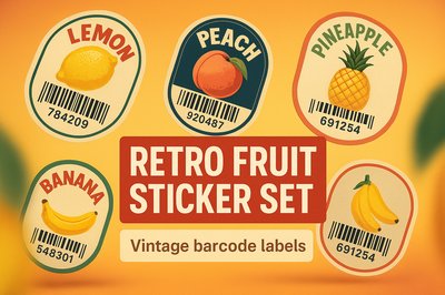 Vintage Fruit Sticker Set with Retro Design Elements