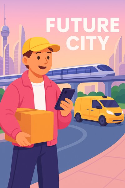 Illustration of a Delivery Person in a Futuristic Cityscape