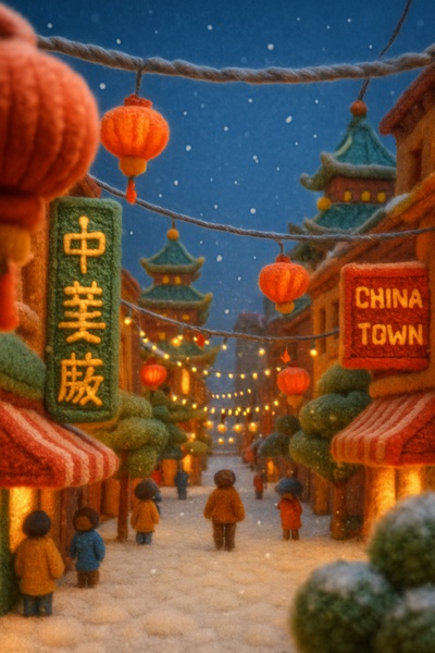 Whimsical Yarn Chinatown Under Snowfall