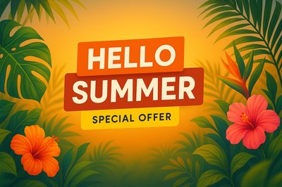 Vibrant Summer Promotional Graphic with Tropical Elements