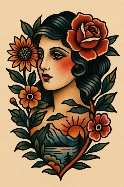 Illustrative Vintage Portrait with Floral Elements