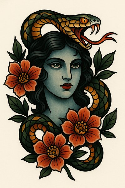 Illustrative Tattoo Design Featuring Serpent and Floral Elements