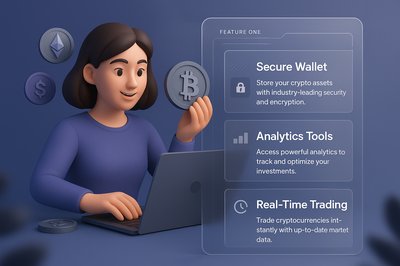 Modern Cryptocurrency Graphic Featuring Woman with Laptop and Coins