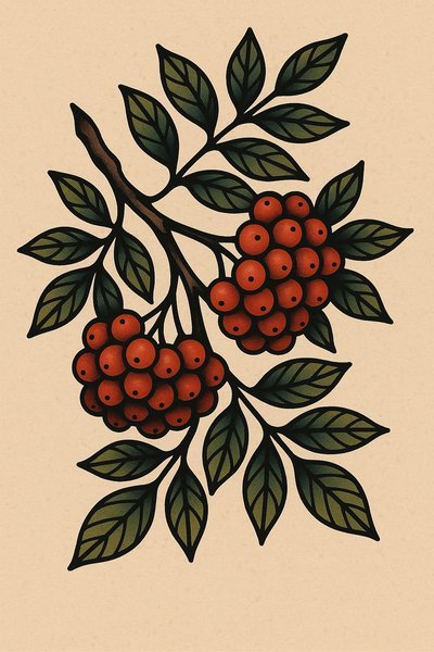 Illustration of a branch with red berries and green leaves