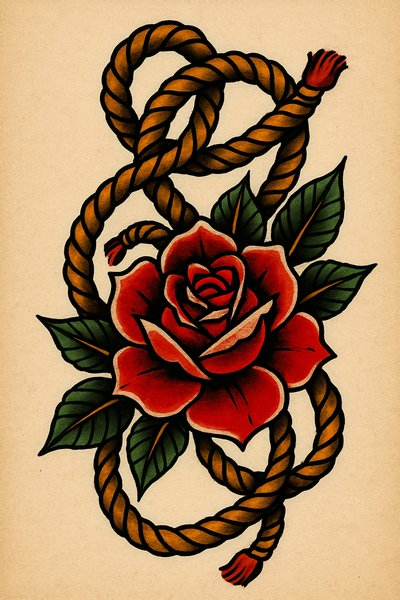 Traditional tattoo design featuring a rose entwined in rope