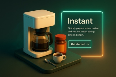 3D Scene of Instant Coffee Preparation with Neon Accents