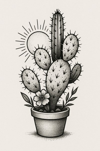 Stylized Black and White Cactus Illustration with Sun